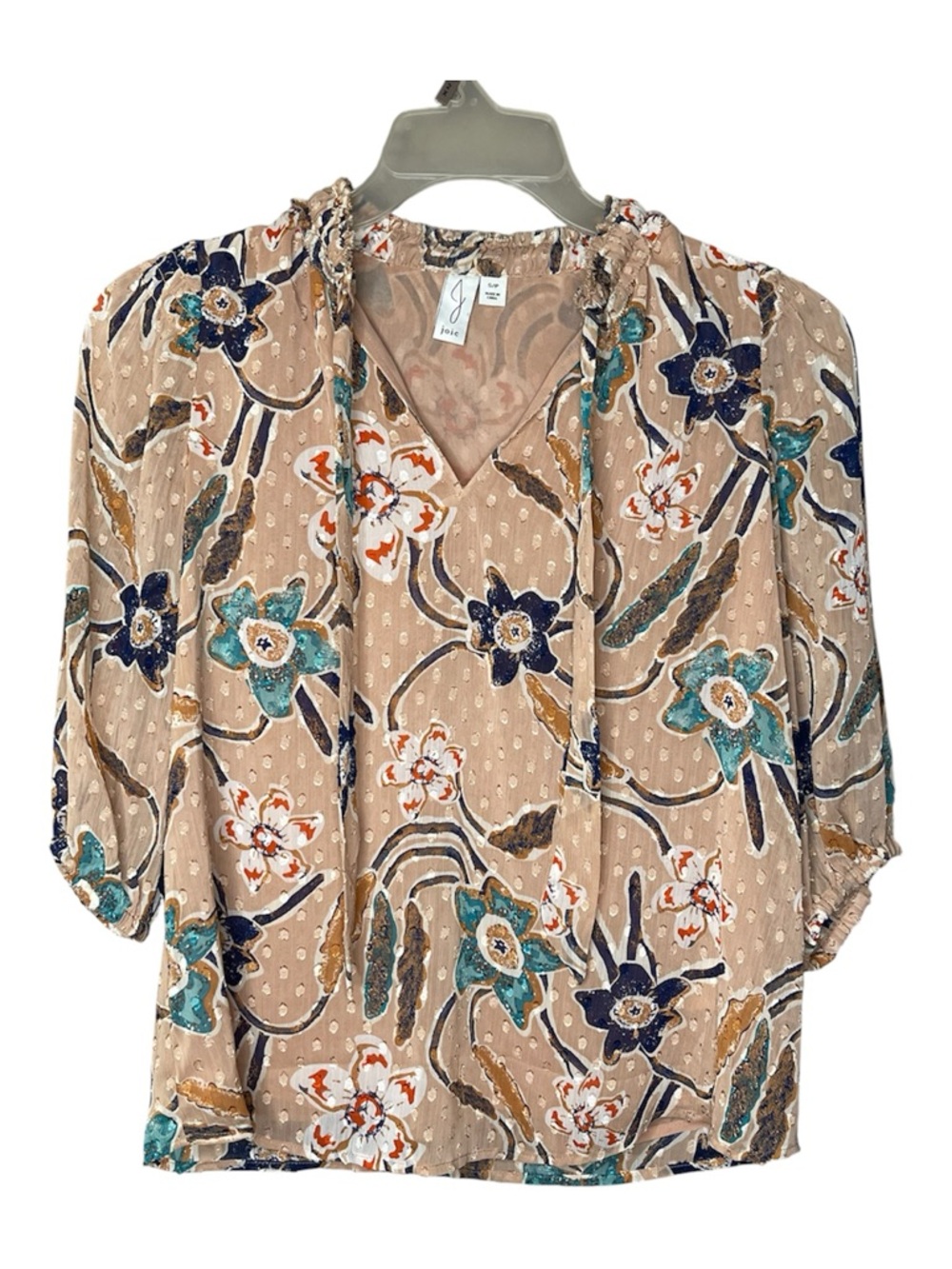 Joie Floral V-Neck Peasant Blouse in Beige Sz S
